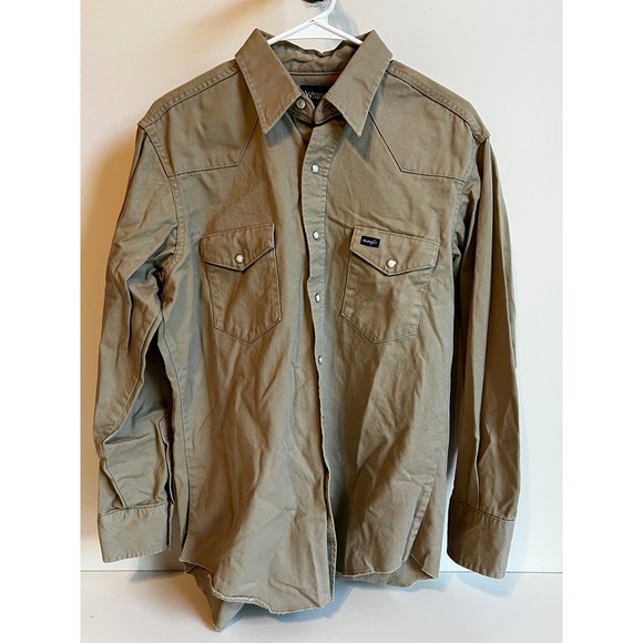 Wrangler Western Shirt Mens 16 1/2 x 34 Tan‎ Pearl Snap LS X-Long tails  Reg Fit - Picture 1 of 9